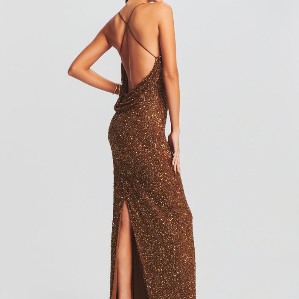 New retrofete Alice Dress in Amber Brown sequin maxi gown backless